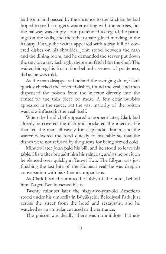 Pagina 15 van een boek, met tekst over een man die in een hotel wordt bediend en een parkeerplaats.