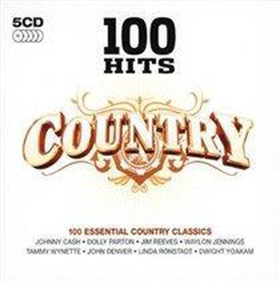 5 CD box set met de titel '100 Hits Country', met artiesten zoals Johnny Cash en Dolly Parton.
