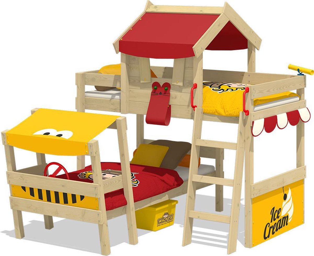 WICKEY Kinderbed, Stapelbed Wickey CrAzY Trunky met rood/geel dekzeil, Houten bed 90 x 200 cm