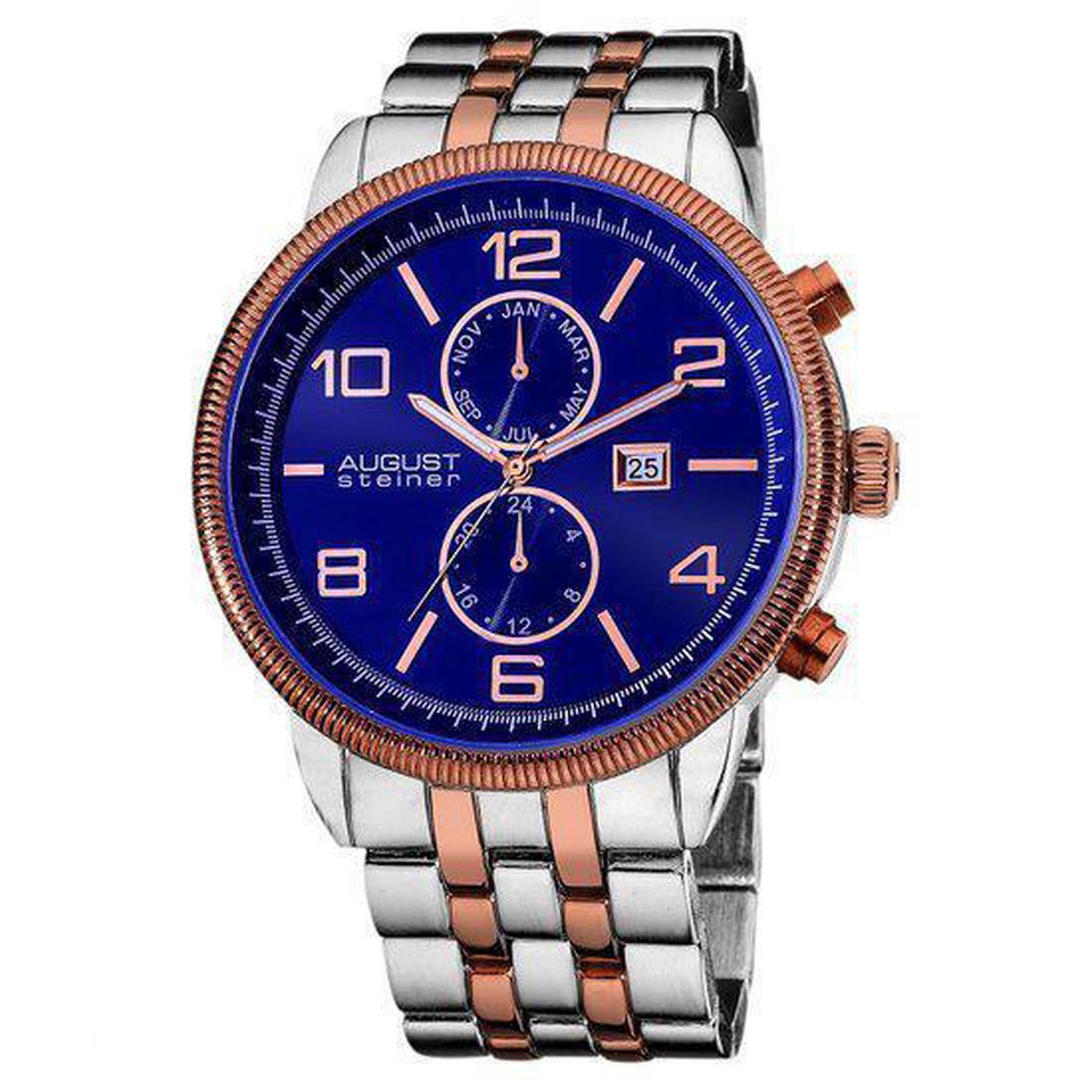 August Steiner herenhorloge blauw/roségoud/zilverkleurig | bol.com