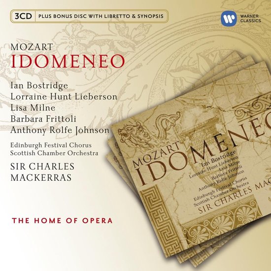 Mozart Idomeneo, 3 cd's met bonusdisc met libretto & synopsis. Met Ian Bostridge, Lorraine Hunt Lieberson, Lisa Milne, Barbara Frittoli, Anthony Rolfe Johnson. Edinburgh Festival Chorus, Scottish Chamber Orchestra, Sir Charles Mackerras. Warner Classics.