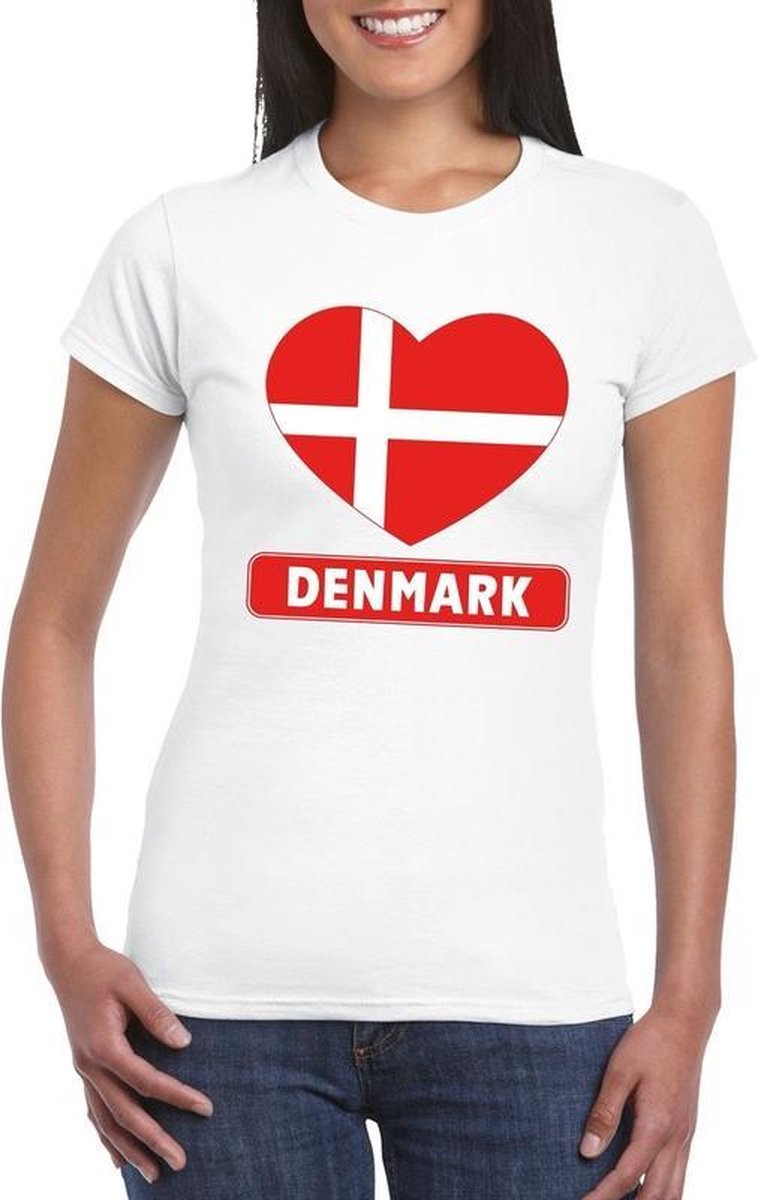 Afbeelding van product Bellatio Decorations  Denemarken t-shirt met Deense vlag in hart wit dames S  - maat S