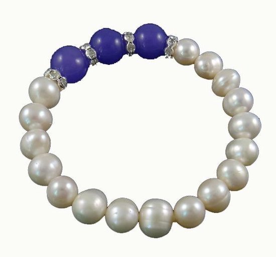 Zoetwater parel armband Pearl Blue Jade - echte parels - jade - wit - blauw - stras steentjes - elastisch