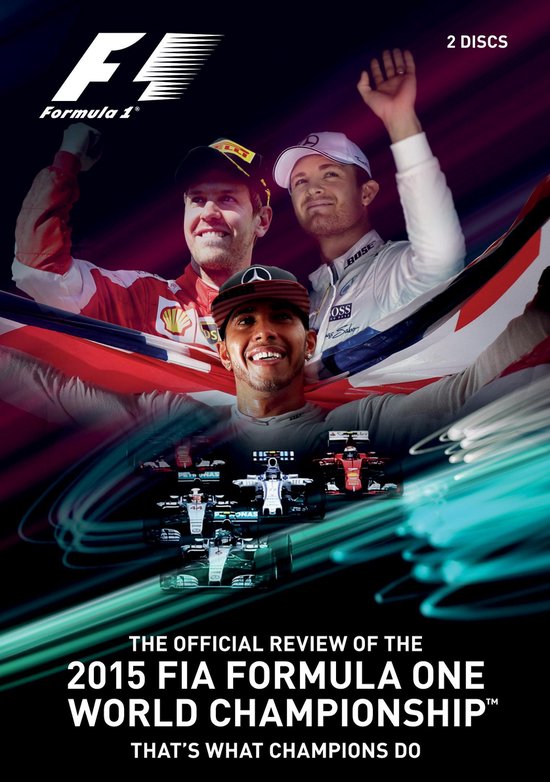 De officiële review van het FIA Formula One World Championship 2015. Drie coureurs, waaronder Lewis Hamilton met nummer 44, vieren feest met de Britse vlag.