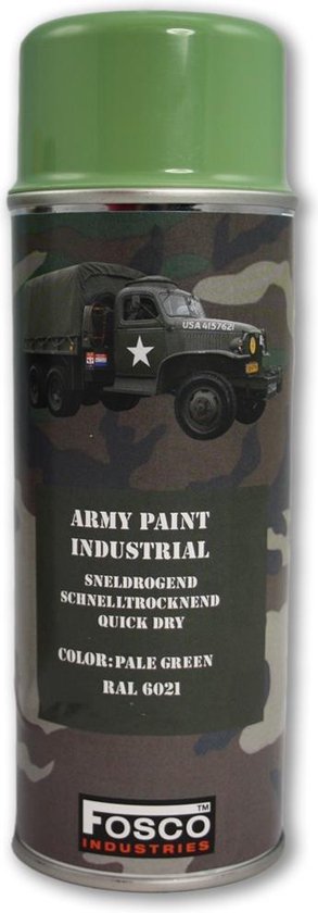 Spuitbus legerverf in pale green (RAL 6021) met camouflagepatroon en afbeelding van een truck. Sneldrogend.