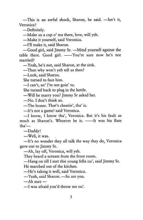 Tekstpagina uit een boek met dialogen, beginnend met 'This is an awful shock, Sharon, he said.'
