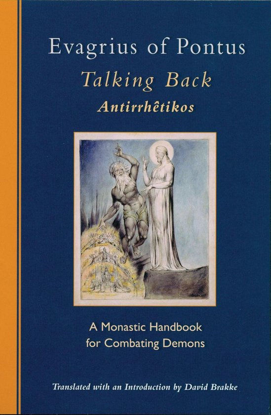 Couverture du livre 'Evagrius of Pontus Talking Back Antirrhêtikos'. Contient une peinture de deux figures et du texte.