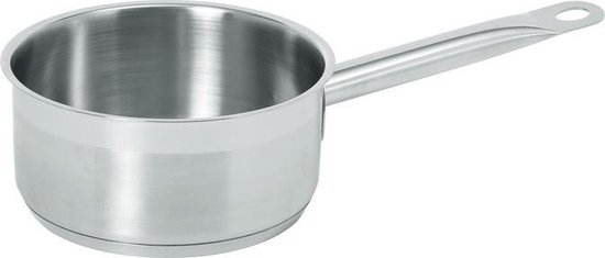 Een RVS steelpan met een gestreepte afwerking onder de rand en een lange steel.