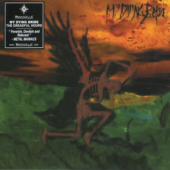 Albumcover met een rood skelet met vleugels op een groene en oranje achtergrond. Tekst: My Dying Bride, The Dreadful Hours.
