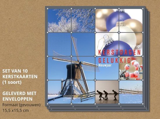 Luxe kerstkaarten met enveloppen, Molen en schaatsers - 10 stuks