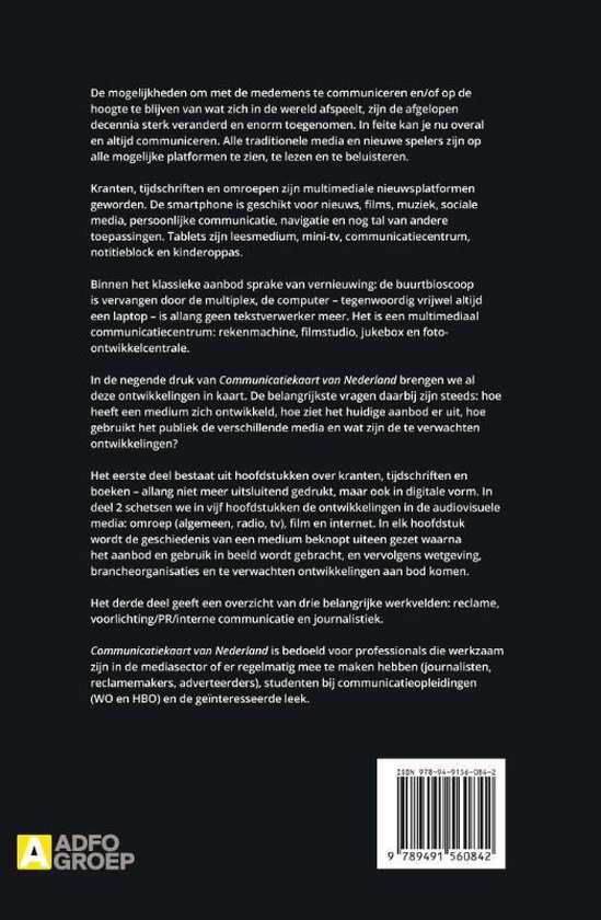 Achterkant boek met tekst over communicatie en media in Nederland, met ISBN