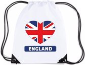 Engeland nylon rijgkoord rugzak/ sporttas wit met Engelandse vlag in hart