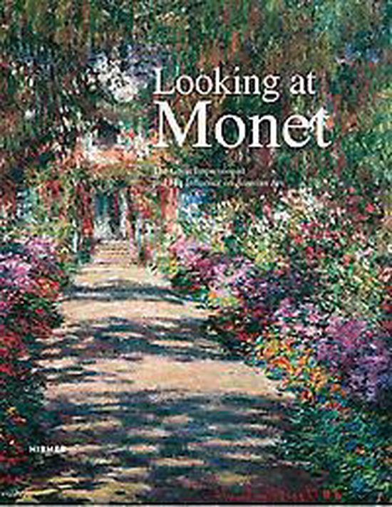 Boek 'Looking at Monet' met een schilderij van een tuin met bloeiende planten en een pad.