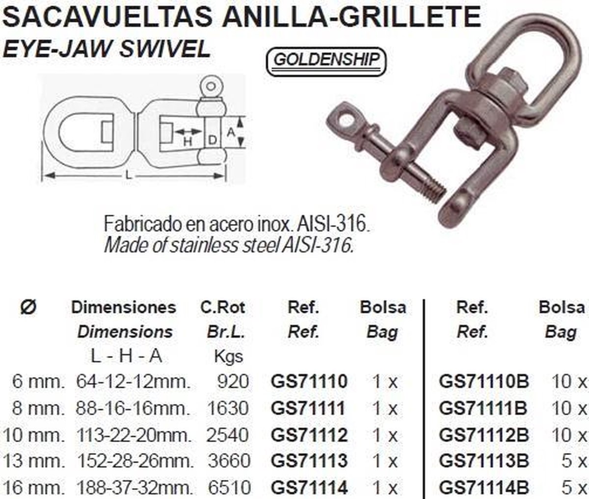 Goldenship Aisi-316 Wartel Oog En Kaak Zilver 10 mm