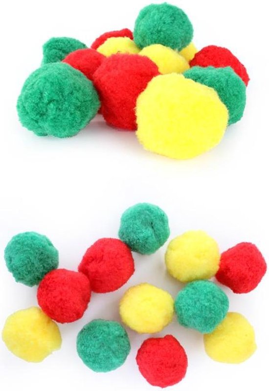 12 pompons rouge-jaune-vert en zb