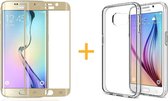 Hoesje geschikt voor Samsung Galaxy S6 Edge - Siliconen Transparant TPU Gel Case Cover + Met Tempered Glass Screenprotector Goud / Gold 3D 9H (Gehard Glas) - 360 graden protectie