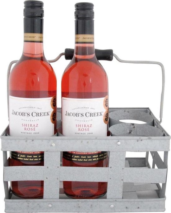 Twee flessen Jacob's Creek Shiraz Rosé 2010 in een grijze metalen flessenhouder.