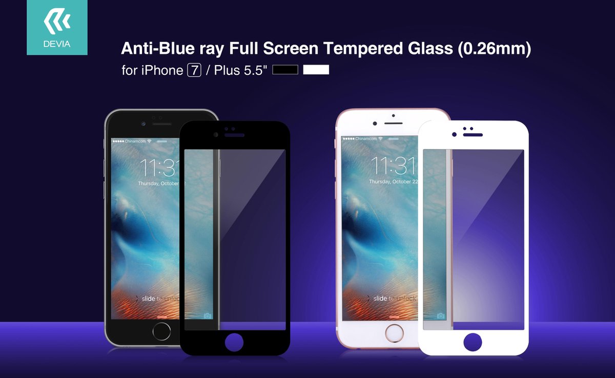 Anti-Blue ray Full Screenprotector Tempered Glas voor Apple iPhone 7 Plus / 8 Plus - Zwart - Devia