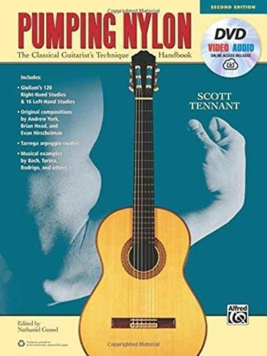 Livre "Pumping Nylon" avec une guitare classique et un bras en arrière-plan. Inclut un DVD et un accès en ligne.