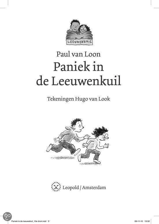 Titelpagina van 'Paniek in de Leeuwenkuil' met illustratie van twee rennende kinderen.