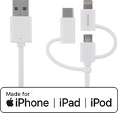 DELTACO IPLH-179 - USB naar USB-C kabel - Micro-USB - Lightning - Geschikt voor Apple - MFi - 1m - Wit