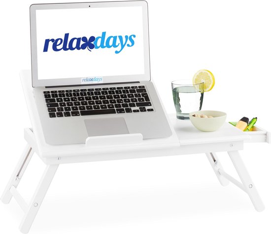 Relaxdays laptoptafel bamboe - inklapbare laptop bedtafel - witte laptopverhoger groot