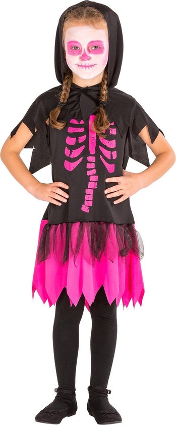 dressforfun - Skeletkleed met kap 140 (10-12y) - verkleedkleding kostuum halloween verkleden feestkleding carnavalskleding carnaval feestkledij partykleding - 300011