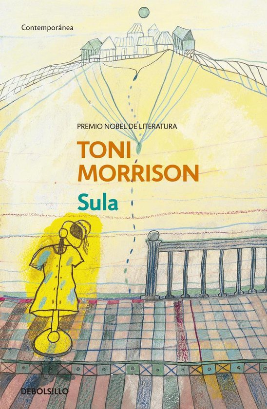 Boek 'Sula' van Toni Morrison, winnaar Nobelprijs Literatuur. Gele jurk met tekening van huizen op een heuvel.