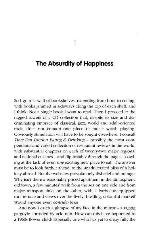 Titelpagina van 'The Absurdity of Happiness' met de titel in het midden en het paginanummer 1.