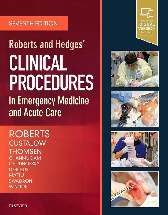 Couverture du livre Roberts and Hedges' Clinical Procedures in Emergency Medicine and Acute Care, septième édition. Couverture rouge avec texte blanc.