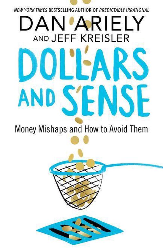 Boek 'Dollars and Sense' met blauwe titel en goudkleurige munten die in een schepnetje vallen.