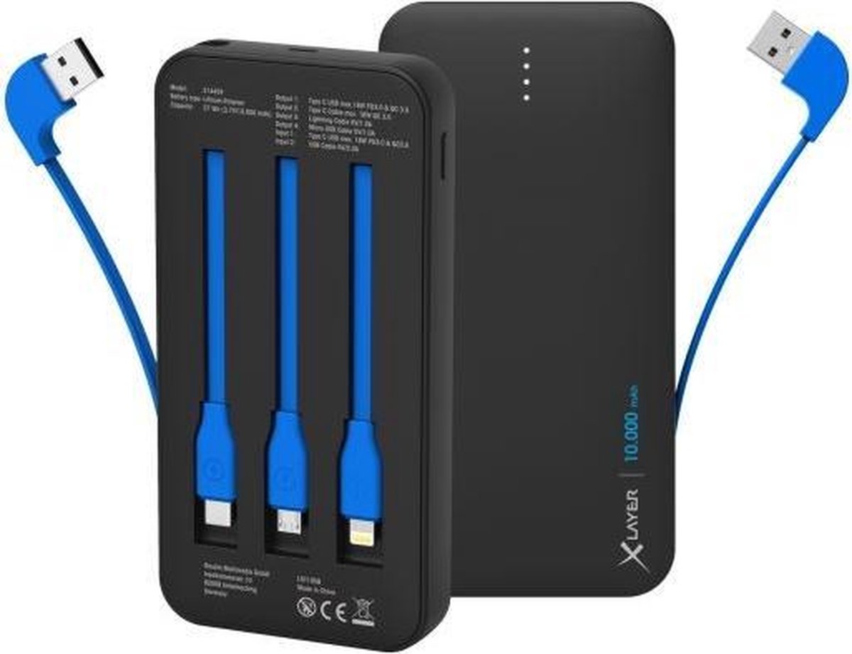 Xlayer Powerbank PLUS All-in-One PD 18W 10000 mAh - Geïntegreerde kabels - zwart