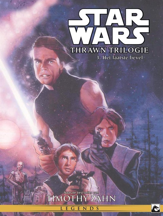 Boekomslag. Drie mannen en een robot met Star Wars logo en tekst.