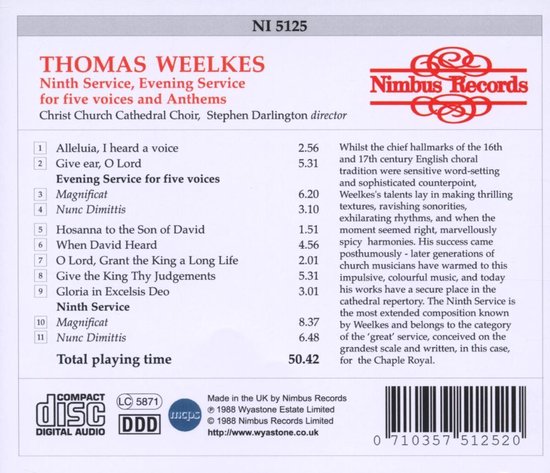 Christ Church Cathedral Choir, Stephen Darlington - Weelkes: Ninth Service & Anthems (CD)