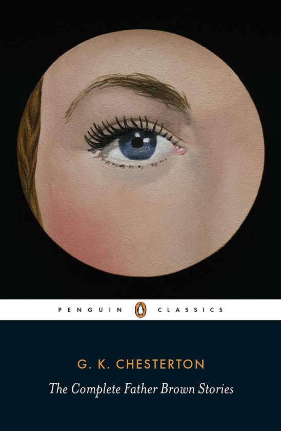 Oog met blauwe iris en lange wimpers, deel van een portret. Penguin Classics. G. K. Chesterton The Complete Father Brown Stories.