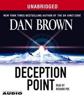 Unabridged luisterboek "Deception Point" door Dan Brown, met een afbeelding van een besneeuwde berg onder een sterrenhemel en de zegel van de president van de Verenigde Staten.