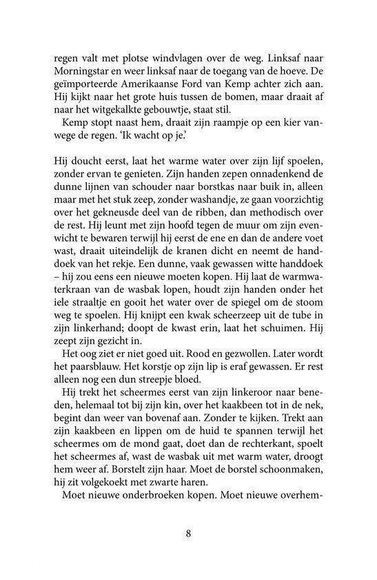Pagina met proza, beschrijft een personage dat zich wast en zich klaarmaakt.