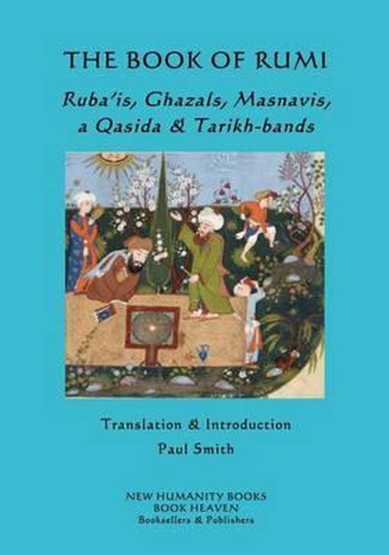 Couverture de 'The Book of Rumi', avec une miniature persane de personnes en habits traditionnels dans un jardin.