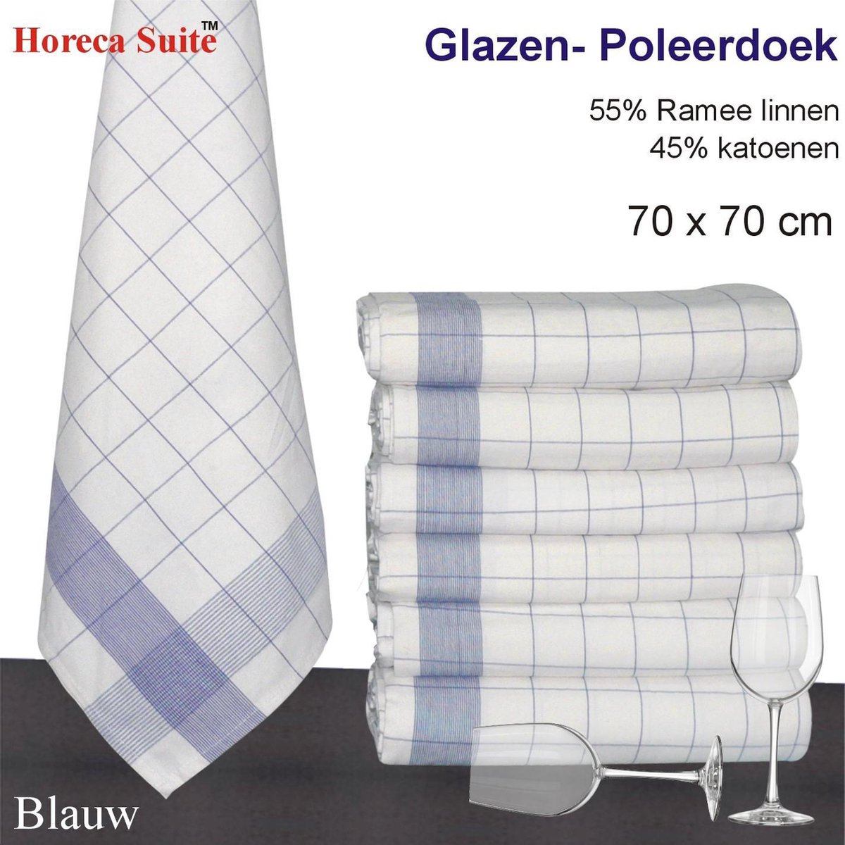 Homéé® Glazendoek - Poleerdoeken blauw ruiten 70x70cm - set van 6 stuks - 50% Ramee 50% katoen - Homee