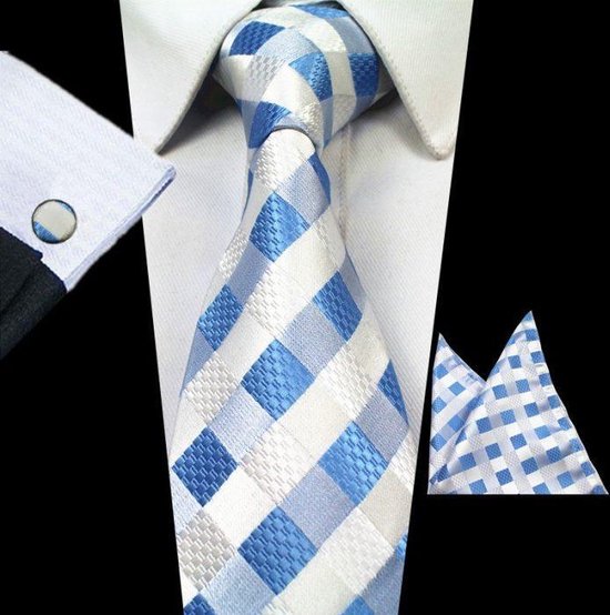 Klassiek vaak bekken Zijde stropdas set lichtblauw ruit met manchetknopen en pochet – luxe stropdassen  set... | bol.com
