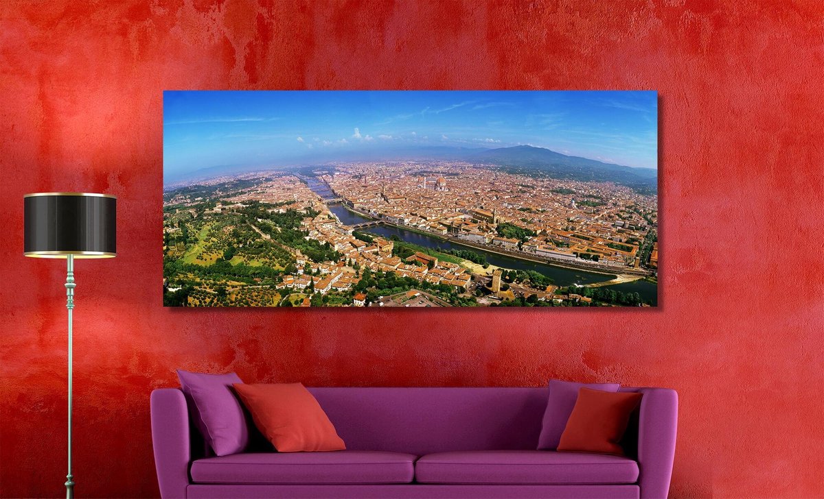 Florence in Panorama | 120 x 50 cm | Foto op Canvas | Luchtfoto | Wanddecoratie | Skyline | Bijzonder Gedetailleerd | Firenze | Toscane