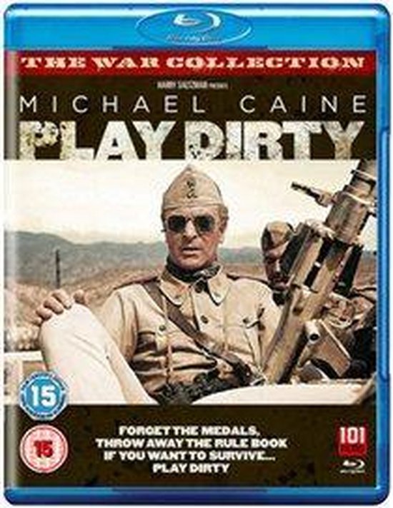 Blu-ray hoes van 'Play Dirty' met Michael Caine in uniform, zittend met een wapen in de buurt. Tekst: The War Collection, Michael Caine, Play Dirty.