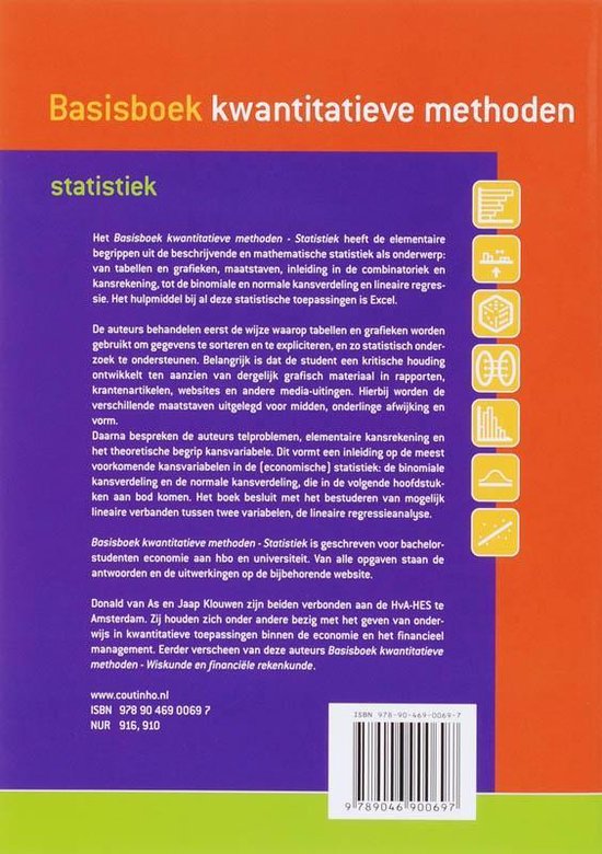 Achterkant van Basisboek Kwantitatieve Methoden Statistiek met oranje bovenkant en paarse onderkant met tekst en een barcode.