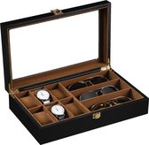Luxe horloge en zonnebrillenkist in een prachtige kleurencombinatie van zwart en donkerbruin. Ruimte voor 3 zonnebrillen en 6 horloges.