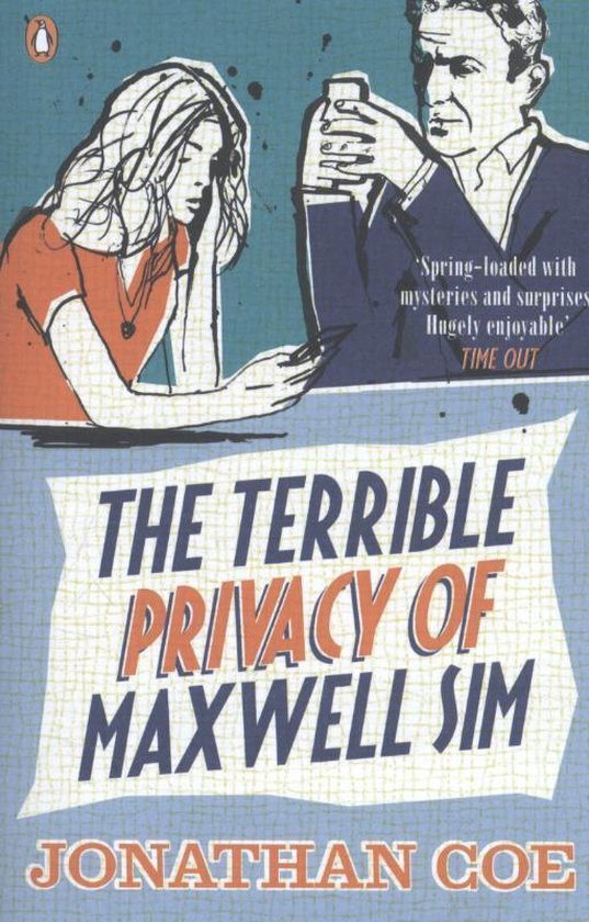 Boek kaft met illustratie van een man en vrouw. Titel: The Terrible Privacy of Maxwell Sim.