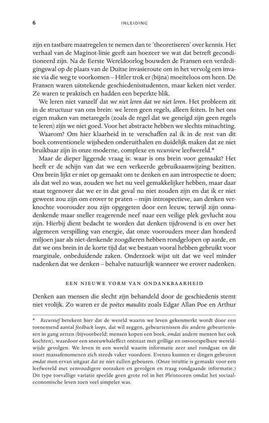 Pagina 6 van een boek met tekst over denken en introspectie, en een titel 'Een nieuwe vorm van ondankbaarheid'.