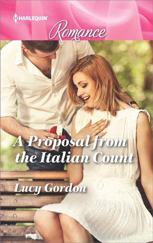 Man geeft vrouw een ring op een bankje. Titel: A Proposal from the Italian Count.