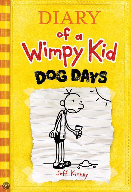 Couverture du livre 'Diary of a Wimpy Kid: Dog Days' jaune avec un dessin de Greg Heffley au soleil.