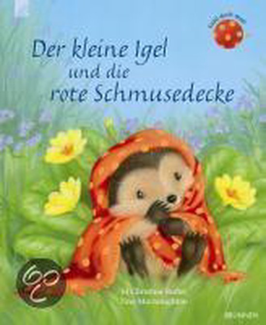 Boek 'Der kleine Igel und die rote Schmusedecke' met een egel die onder een rode deken met stippen is gewikkeld.