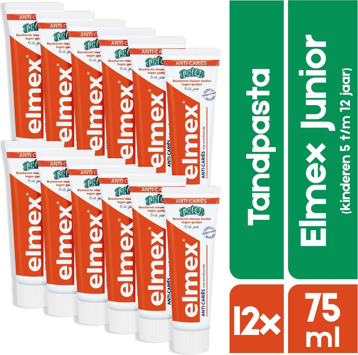Elmex Junior Tandpasta | 12 x tube 75ml | Voor kinderen van 5 t/m 12 jaar | Kindertandpasta | Voordeelverpakking